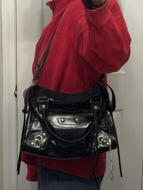 Black Patent Leather Satchel with Gold Hardware